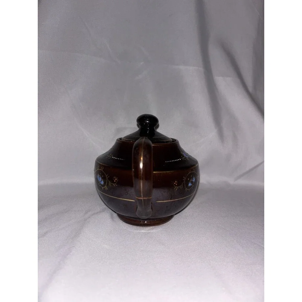Brown Betty Teapot Hand Painted Red Ware Made in Japan Moriage Floral Blue VTG